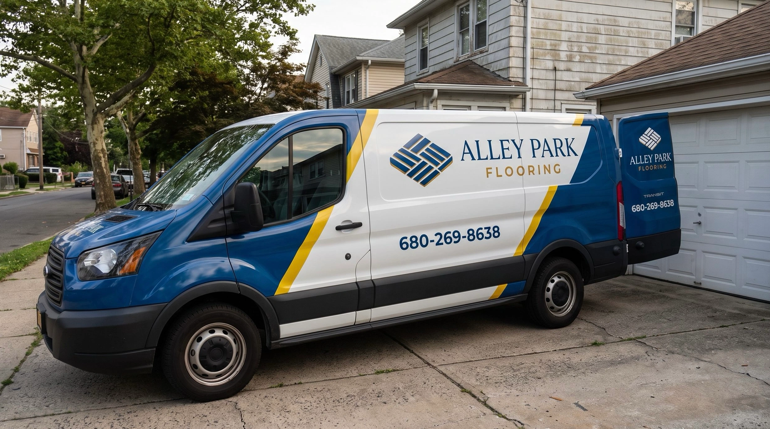 Alley Park Flooring work van parked at a flooring job in New York